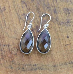 Lovely Faceted Smoky Quartz Teardrop Gemstone 925 Sterling Silver Hook Earrings - Picture 1 of 4