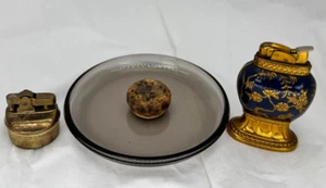 German glass ashtray bowl Oak burl 2 vintage lighters Brass enamel Blue Gold - Picture 1 of 10