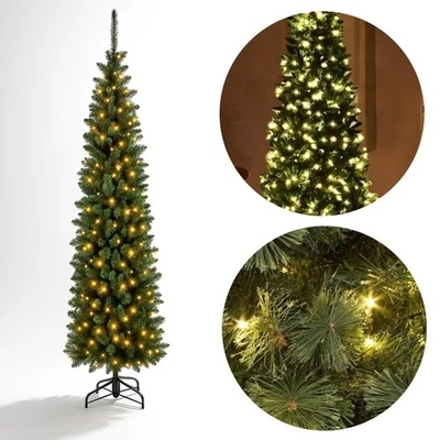 PRE LIT SLIM PENCIL CHRISTMAS TREE 4FT 5FT 6FT WARM WHITE LED METAL STAND XMAS - Image 1 of 4