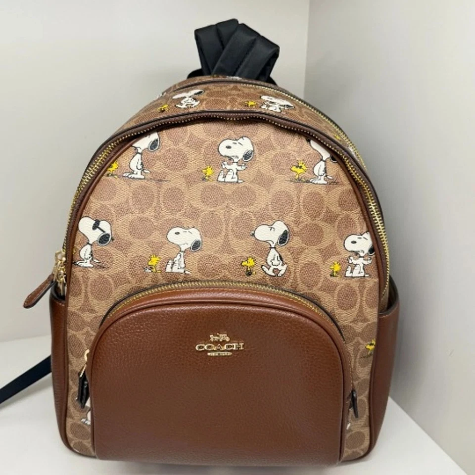 Coach X Peanuts Court Backpack In Signature Canvas &Leather Snoopy Print CBM25