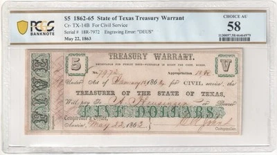 PCGS ChAU58 $5 1862 Texas Austin Treasury Warrant Confederate Banknote Civil War - Image 1 of 4
