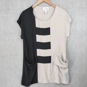 Joseph Ribkoff Top Womens 12 Black Beige Stripe Pocket Artsy Tunic Lagenlook - Picture 1 of 15