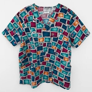 Landau Scrub Top Size 2XL Made In USA Bright Geometric Print Vintage Y2K V-Neck - Picture 1 of 5