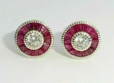 2Ct Round Lab Created Ruby &Diamond Art Deco Stud Earrings 14k White Gold Plated - Image 1 of 4