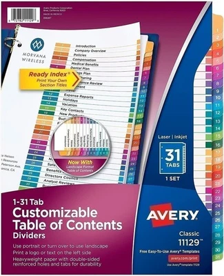 Avery 31-Tab Dividers for 3 Ring Binders, Customizable Table of Contents - Image 1 of 4