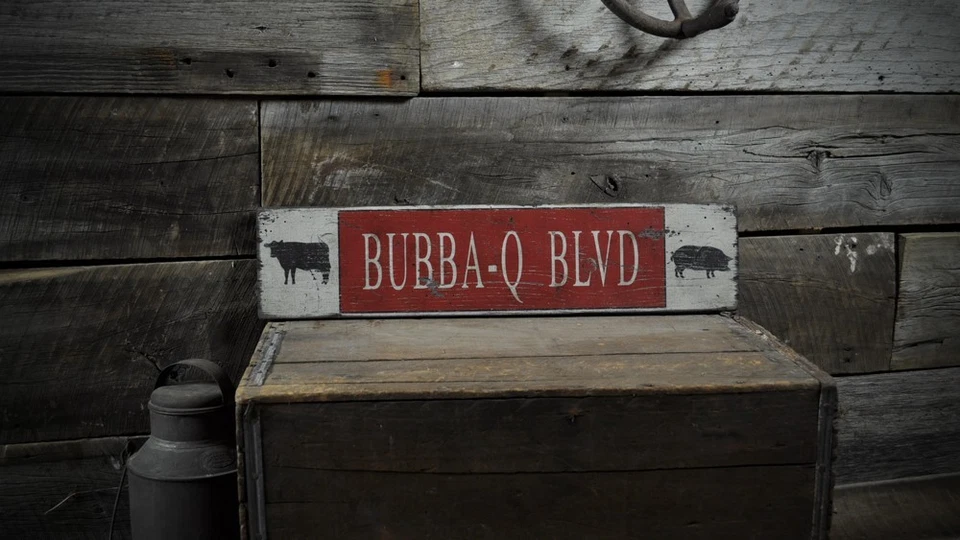 Custom BBQ Blvd Cow & Pig Sign - Rustic Hand Made Vintage Wooden - Image 1 of 1