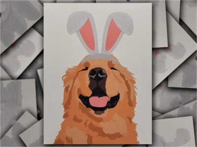 Golden Retriever Hand-Drawn Easter Bunny Rabbit Dog Card with Envelope - Image 1 of 4