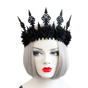 Dark Black Gothic Queens Flower Crown Hairband Headband Halloween Party Cost_bf
