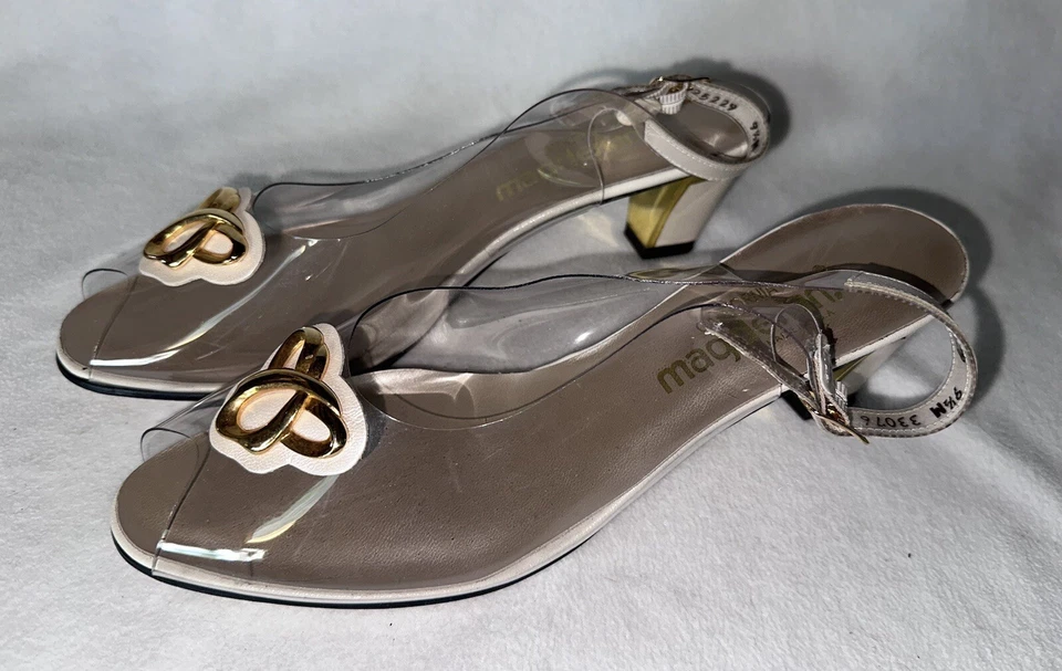 复古全新 California Magdesians 透明乙烯基露背白色金色高跟鞋凉鞋 9.5 — 第 1/4 张图片