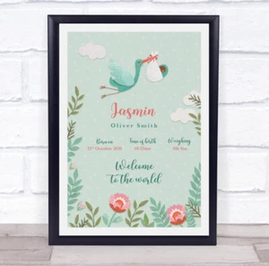 New Baby Birth Details Christening Nursery Stork Dark Skin Baby Gift Print - Picture 1 of 1