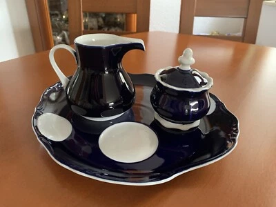 Echt Weimar Kobalt Porzellan 3 tlg Set- Milchkanne Zuckerdose Servierplatte Top - Bild 1 von 4