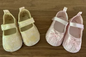 Baby Girls Size 4 Soft Baby Dressy Shoes Pink Yellow Dressy Satin 9-12 Months - Picture 1 of 6
