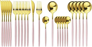 Flatware Serving Set 24 Piece, Stainless Steel Silverware Set, Pink Gold Cutlery - Picture 1 of 12