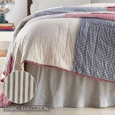 Hatteras Seersucker Blue Ticking Stripe Queen Bed Skirt 60x80x16 Farmhouse - Image 1 of 4