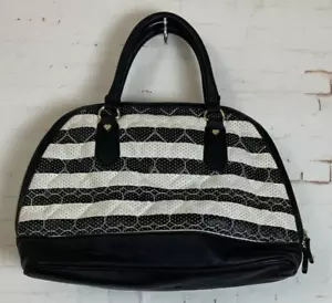 Betsey Johnson Black White Striped 2 Handle Purse Handbag Heart Embroidery - Picture 1 of 4