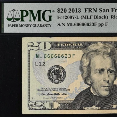 2013 $20 Federal Reserve Note PMG 25 - Fancy Serial Number - 66666633 - Image 1 of 3