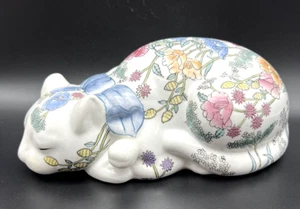 VTG WBI Hand Painted Floral Sleeping Reclining Cat Porcelain Figurine 10" L - Picture 1 of 10