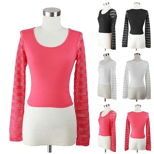 Sexy Schaufel Ausschnitt Top Streifen Spitze Ärmel Bluse einfarbig schlicht Bauch Shirt S M L - Bild 1 von 10