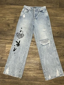 PLAYBOY by Pacsun Baggy Jeans neu ohne Etikett Eco Super Distressed hoher Bund Größe 27 - Bild 1 von 22