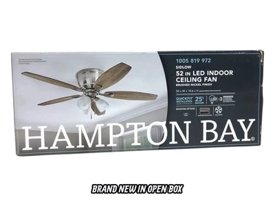 Hampton Bay Sidlow 52in. Indoor LED Brushed Nickel Hugger Dry Rated Ceiling Fan - Image 1 of 4