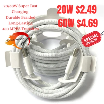 USB-C to USBC Charger Cable 20W/60W Fast Charge iPhone 15 16 17 Samsung Mac Dell - Image 1 of 4