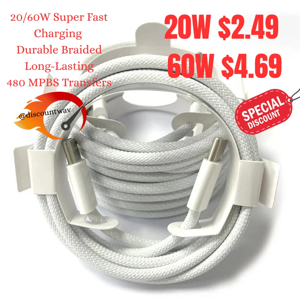 USB-C to USBC Charger Cable 20W/60W Fast Charge iPhone 15 16 17 Samsung Mac Dell - Image 1 of 4