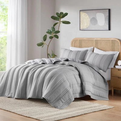 Queen Quilt Set Crinkled Channel Quilting Coverlet Set Queen Size, Soft Gauze... - Image 1 of 4