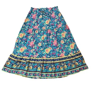 Boho Midi Skirt Sz S Blue Floral Tiered Rayon Pockets Hippie Festival Merokeety - Picture 1 of 19