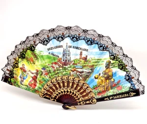Vintage Barcelona Spain Souvenir Folding Hand Fan Black w/ Lace Trim 17.5" Wide - Picture 1 of 6