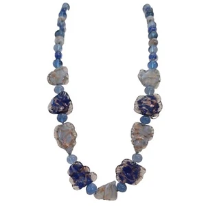 Vintage Gold Floss Blue Art Glass Knotted Bead Necklace 22.5" Long, E847 - Picture 1 of 7