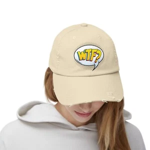 Distressed Cap, Beige Baseball Hat, WTF Comic Graphic, Casual & Expressive Style - Picture 1 of 5