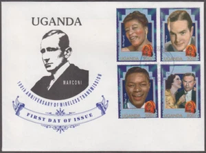 UGANDA Sc #1416-9 FDC - JUEGO DE 4 ARTISTAS, incl. GEORGE QUEMADURAS, BOB HOPE etc. - Imagen 1 de 1