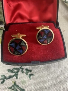 VINTAGE 1980s red and blue celluloid mosaic cufflinks in box - Picture 1 of 12