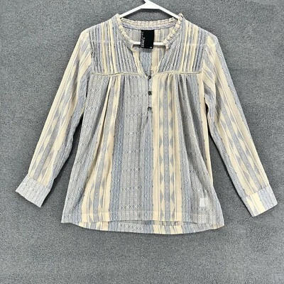 Blusa Camisa Dolan Top Mujer XS Azul Tostado Transparente Cuello Volantes Estampado Geométrico Foto 1 de 4