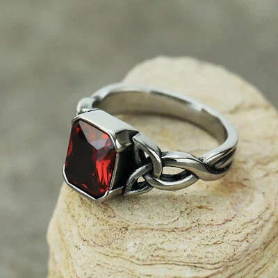 Anillo retro de boda vintage de acero inoxidable con nudo celta de piedra circonita roja talla 7-13 Foto 1 de 3