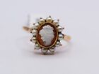 Vintage Large Cameo Ring Sea Pearls 9Ct Yellow Gold Uk Size T 1/2