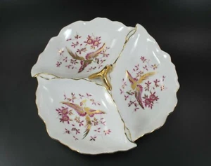 Boutique  CANDY / NUT DISH 5225 Gold Birds w Pink Accents 3 Part Divided Vintage - Picture 1 of 10