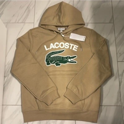 Lacoste Men's Big Croc Logo Pullover Hoodie Tan Green White New - Image 1 of 3