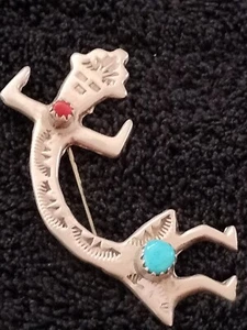 Kachina Pin Stamped Decoration Turquoise Pin Brooch Marked Sterling - Picture 1 of 5