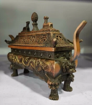 Quemador de incienso dragón bronce tallado artesanalmente antiguo coleccionable de 20 cm decoración Foto 1 de 4