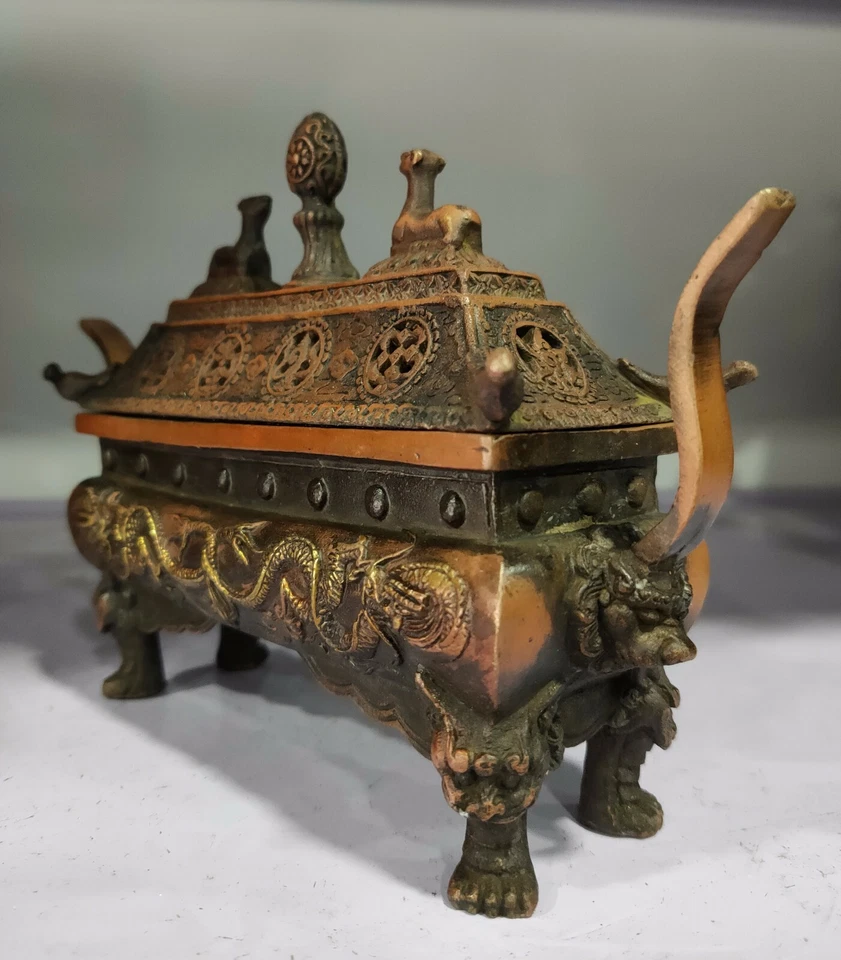 Quemador de incienso dragón bronce tallado artesanalmente antiguo coleccionable de 20 cm decoración Foto 1 de 4