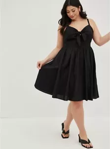 TORRID (0X) 12/L schwarz Popeline vorne zum Binden Skaterkleid gesmokter Rücken Stretch - Bild 1 von 5