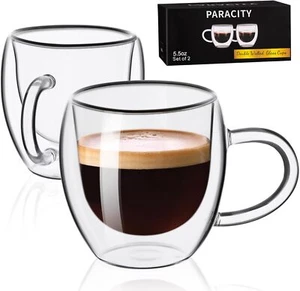 PARACITY Espresso Cups Set Of 2, Double Wall Insulated Glass Coffee Mugs 5.5 ... - Picture 1 of 2