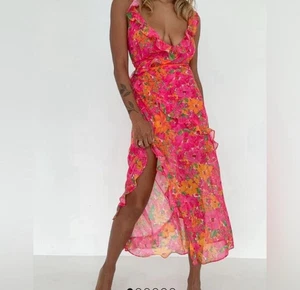 Rumored Wickelkleid Damen XS Orange Rosa Blumen Midi Maxi Rüschensaum - Bild 1 von 10