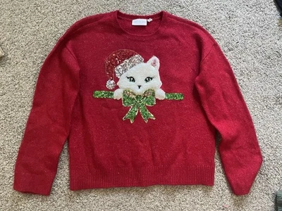 Girls Red Children’s Place Cat Holiday Christmas Sweater, Fits Like XL - Image 1 of 3