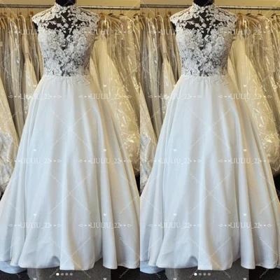 Satin A-Line Wedding Dresses High Neck Lace Appliques Sweep Train Bridal Gowns - Image 1 of 4