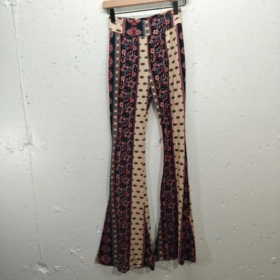 ShopMyTrend Women's Small Flared Leggings Boho Paisley Cream Burgundy High Rise - Image 1 of 4