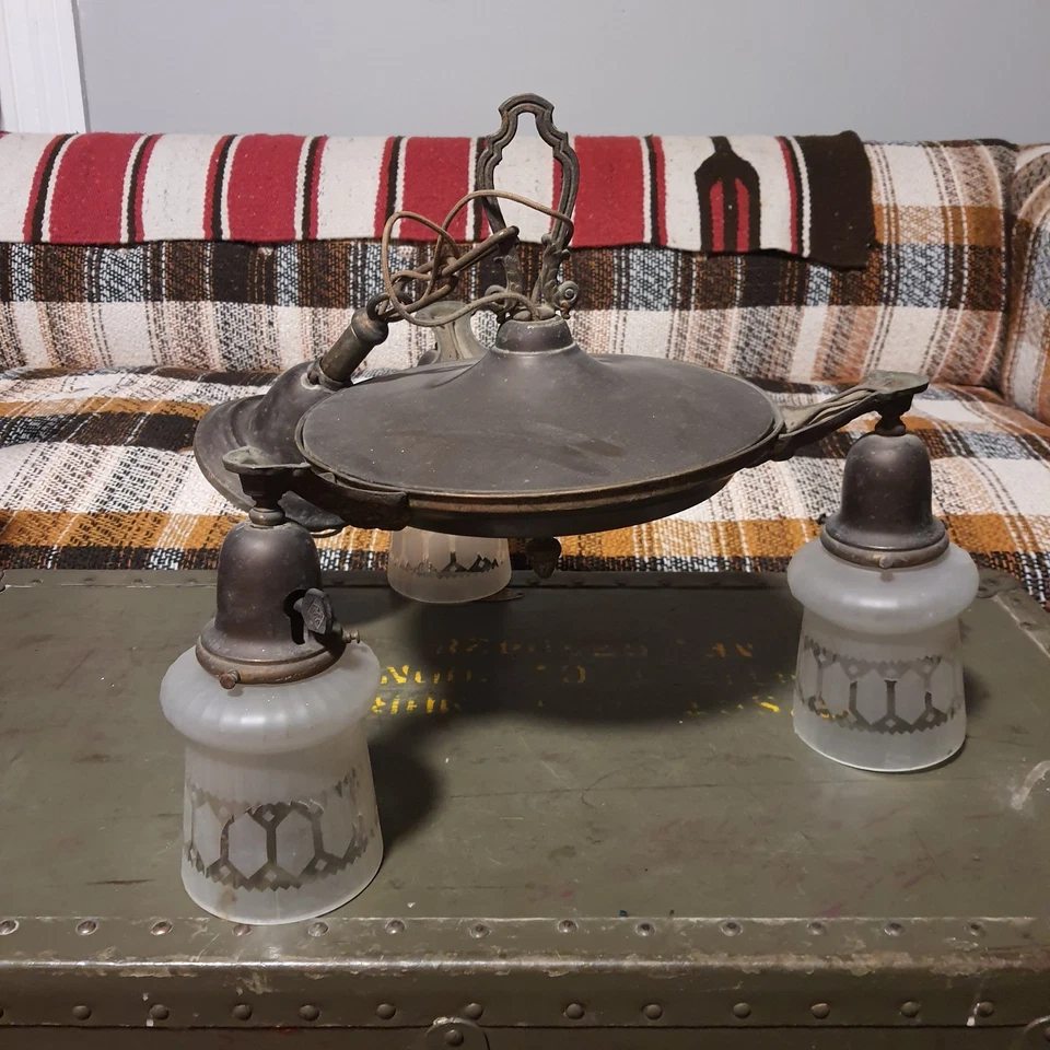 Antique Art Nouveau 1910's Drop Pan Chandelier Light Fixture 3 Frosted Shades - Image 1 of 4