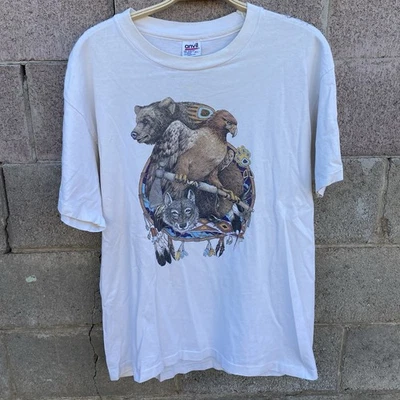 Vintage 90s Nature Animal Native American Graphic T Shirt Eagle Wolf Bear XL - Image 1 of 4