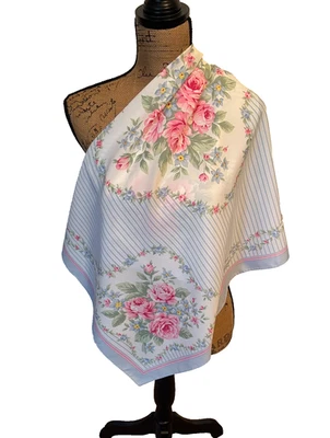 VTG Avon Floral Scarf Pink Roses Blue Stripe 35" Square Spring Cottage Garden - Image 1 of 4